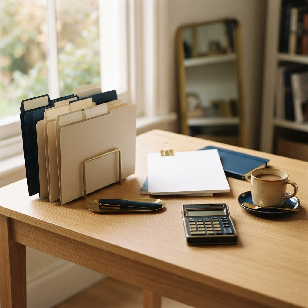 An organized desk with labeled folders, a pen, and business documents